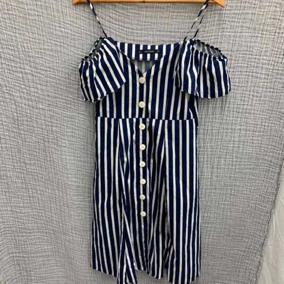 ZARA Cold Shoulder Nautical Navy Blue White Stripe Cotton Midi Dress - Picture 12 of 13